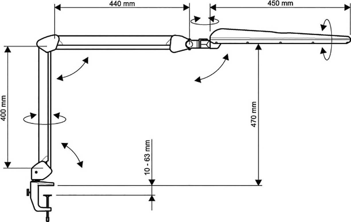 Disegno di un braccio oscillante regolabile con misure: 440 mm, 450 mm e 400 mm. Regolabile in altezza da 10 a 63 mm.