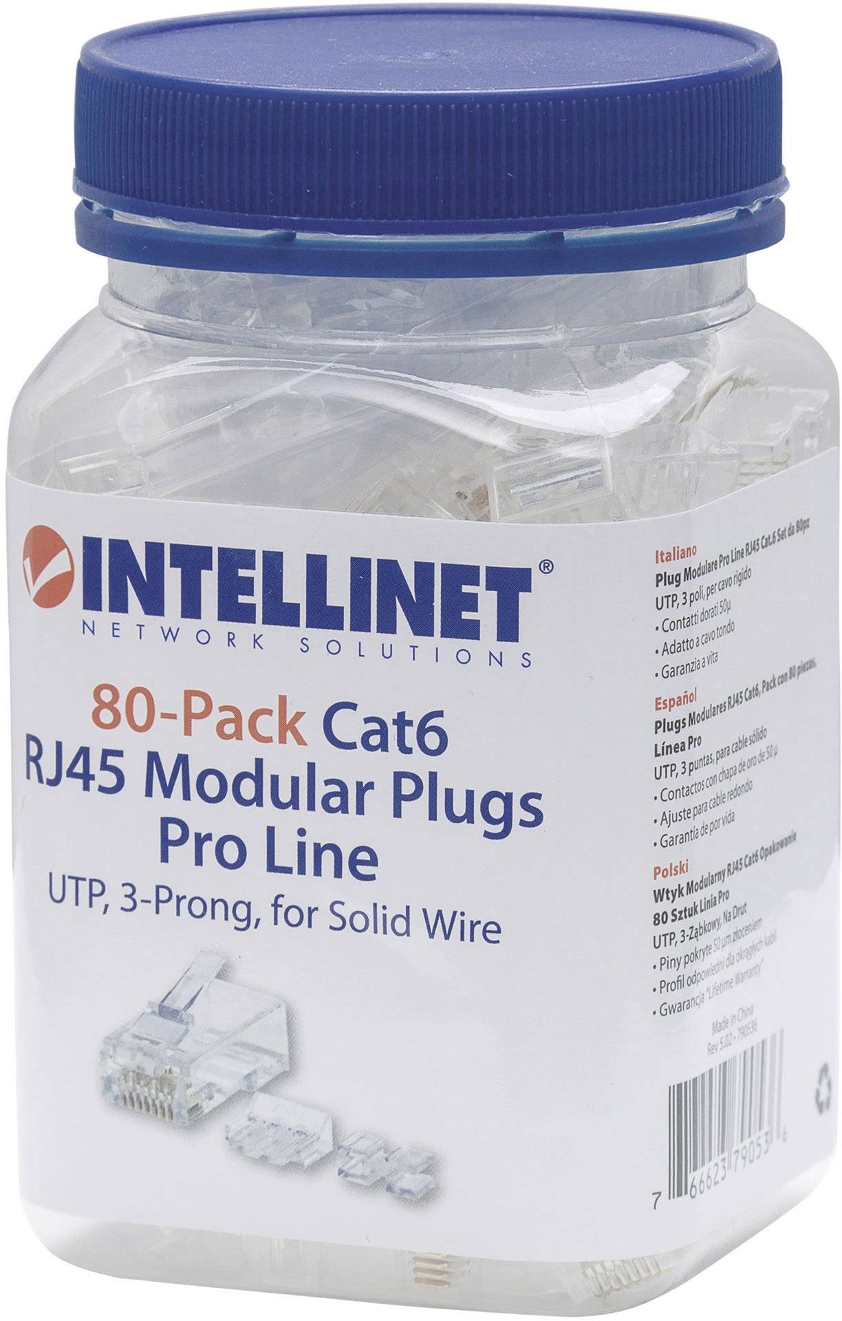 Intellinet Intellinet 80pz. CAT6 RJ45 spina modulare Pro line UTP 3 punti contatto cavo per cavo pieno 80 spina nel bicchiere 50 μ contatti placcati oro 790536 Contatto a crimpare Numero di poli 8P8C Trasparente 80 pz.