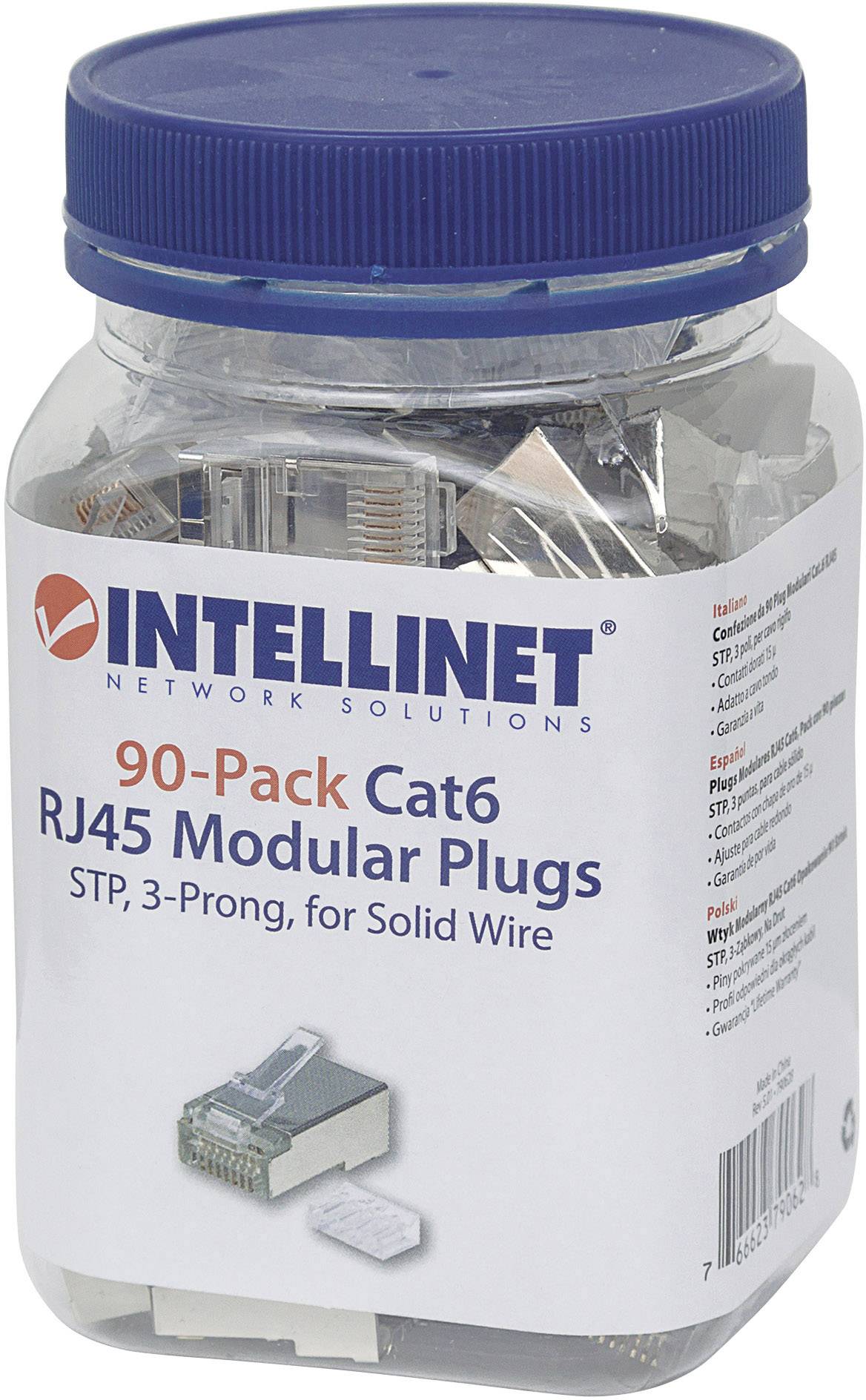 Intellinet Intellinet 90pz. CAT6 RJ45 spina modulare STP 3 punti contatto cavo per cavo pieno 90 spina nel bicchiere 790628 Contatto a crimpare Numero di poli 8P8C Argento 90 pz.