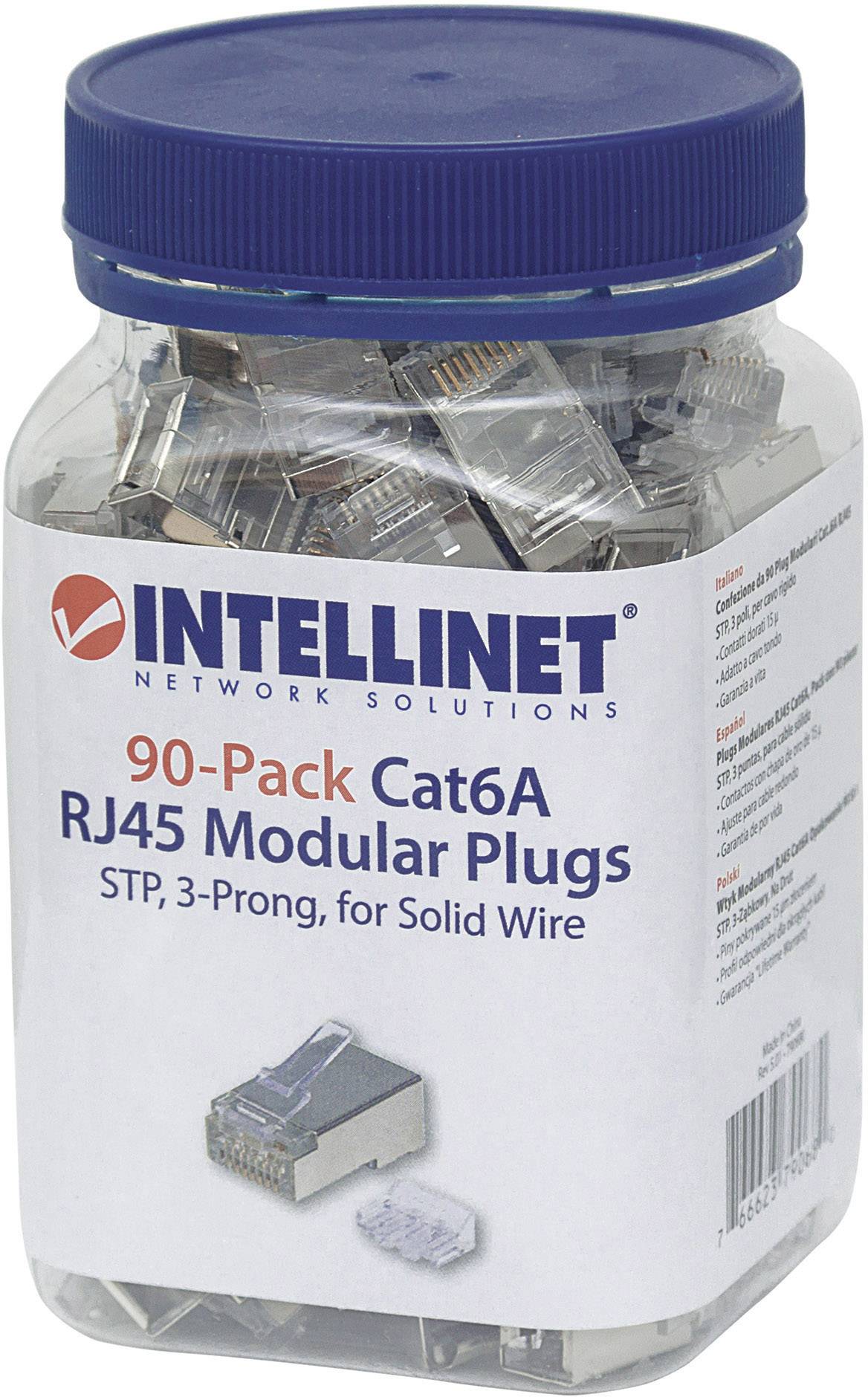 Un contenitore in plastica con 90 connettori modulari RJ45 Cat6A di Intellinet, adatti per cavi rigidi, in contenitore di vetro trasparente con chiusura a vite.