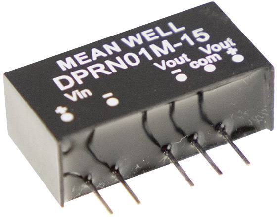 'MEAN WELL DPRN01M-15'-modulo con connessioni per Vin, Vout, com. Un componente elettronico per la regolazione della tensione.