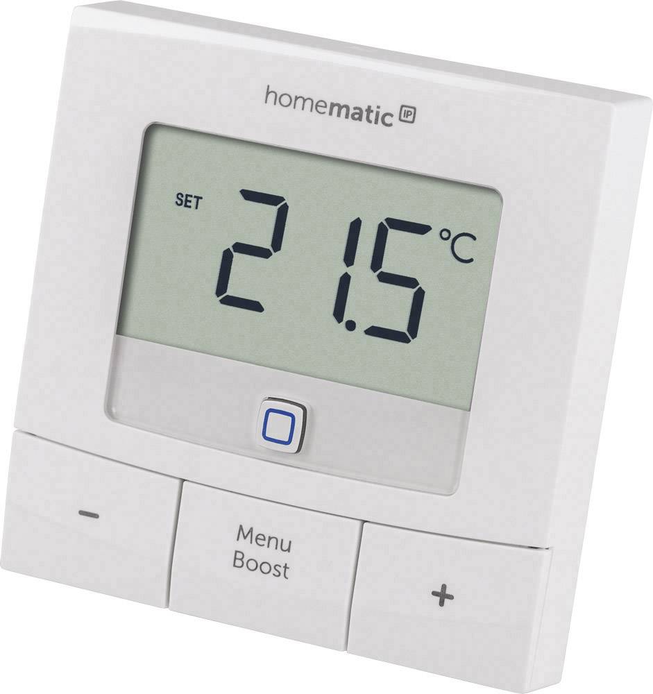 Un termostato digitale mostra '21,5 °C'. Sotto di esso si trovano tasti con le etichette 'Menu', 'Boost' e un segno più.