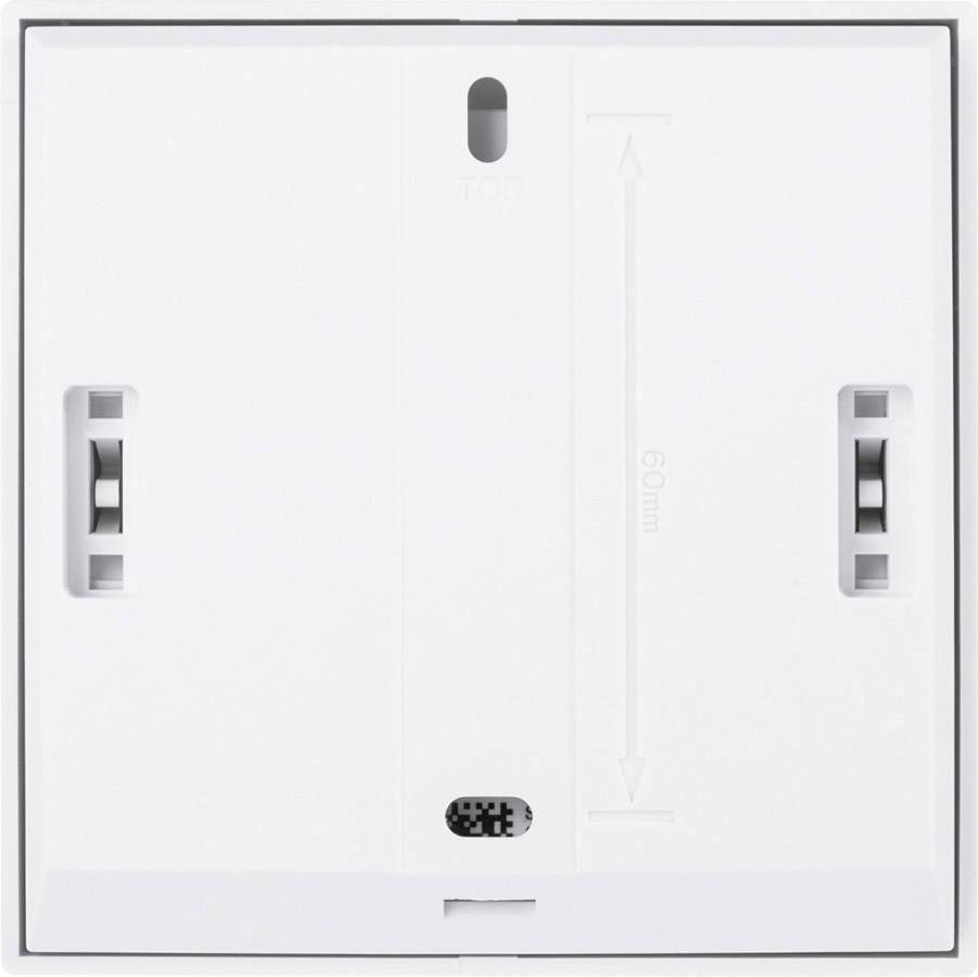 Un telaio bianco vuoto per il montaggio a parete con fori per viti e un indicatore di misurazione da 60 mm per un fissaggio corretto.