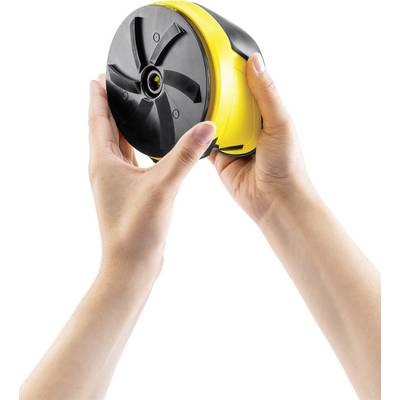Due mani tengono un dispositivo giallo e rotondo con un'elica nera. Il dispositivo sembra portatile e maneggevole.