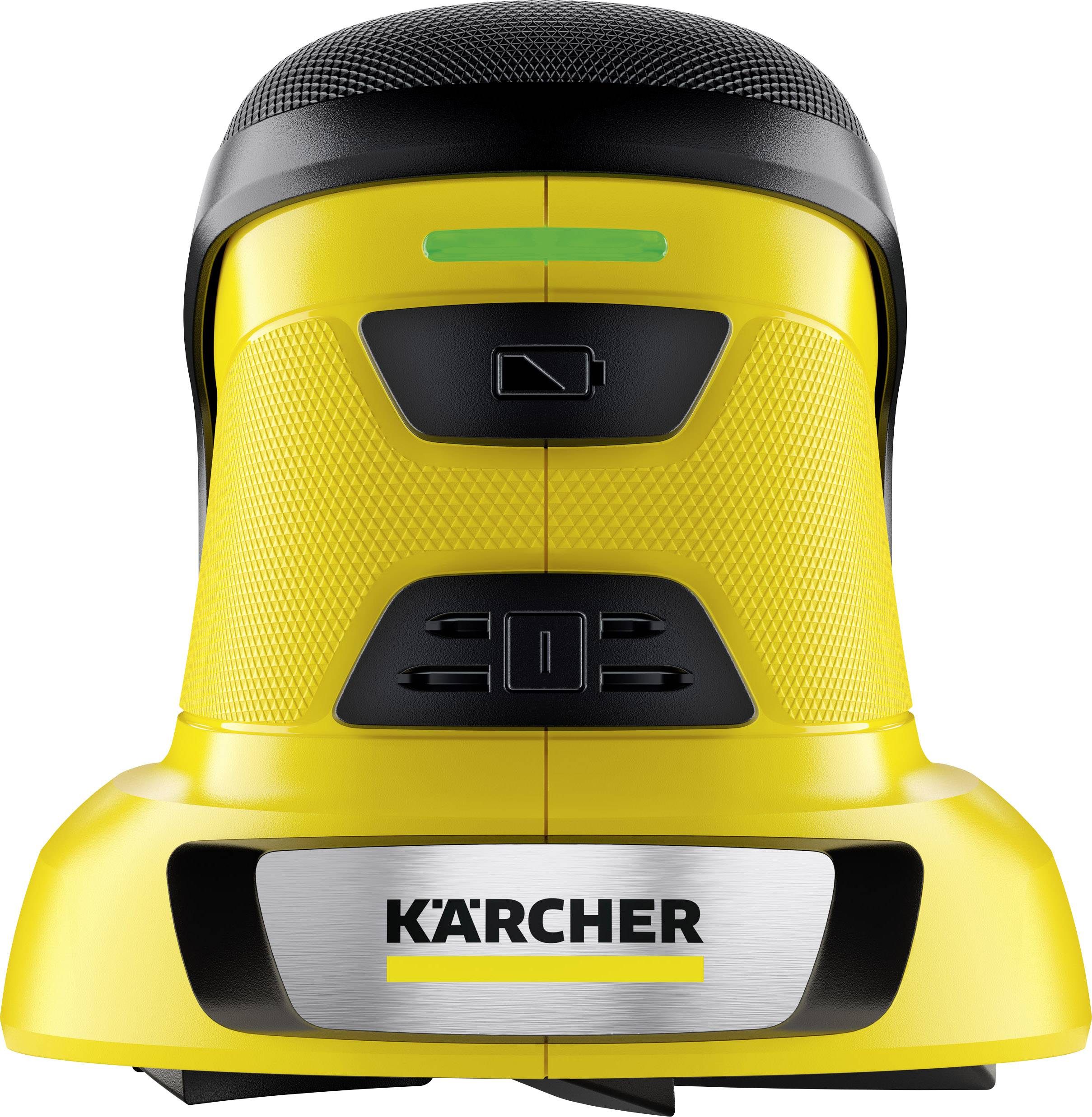 Dispositivo di pulizia Kärcher giallo con impugnatura nera. Il lato frontale mostra i pulsanti di controllo e il logo del marchio in basso.