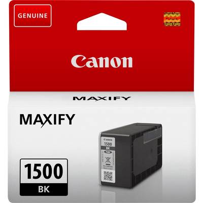 Cartuccia di inchiostro Canon Maxify 1500 BK in nero. Confezione che mostra il prodotto, adatta per stampanti Maxify. Etichetta Originale in alto.