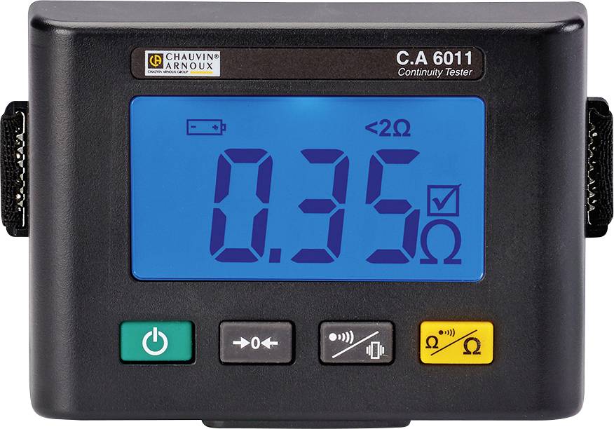 Strumento di misurazione digitale per test di continuità con ampio display blu. Mostra '0.35 Ω'. Pulsanti sottostanti per il controllo.