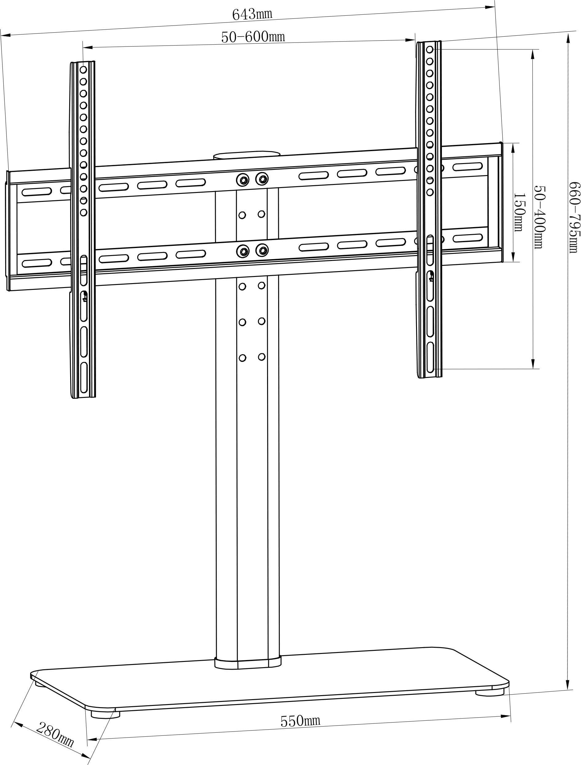 Istruzioni di montaggio per un supporto TV regolabile in altezza. Dimensioni: larghezza 643 mm, altezza 1330 mm, base 550 mm di larghezza.