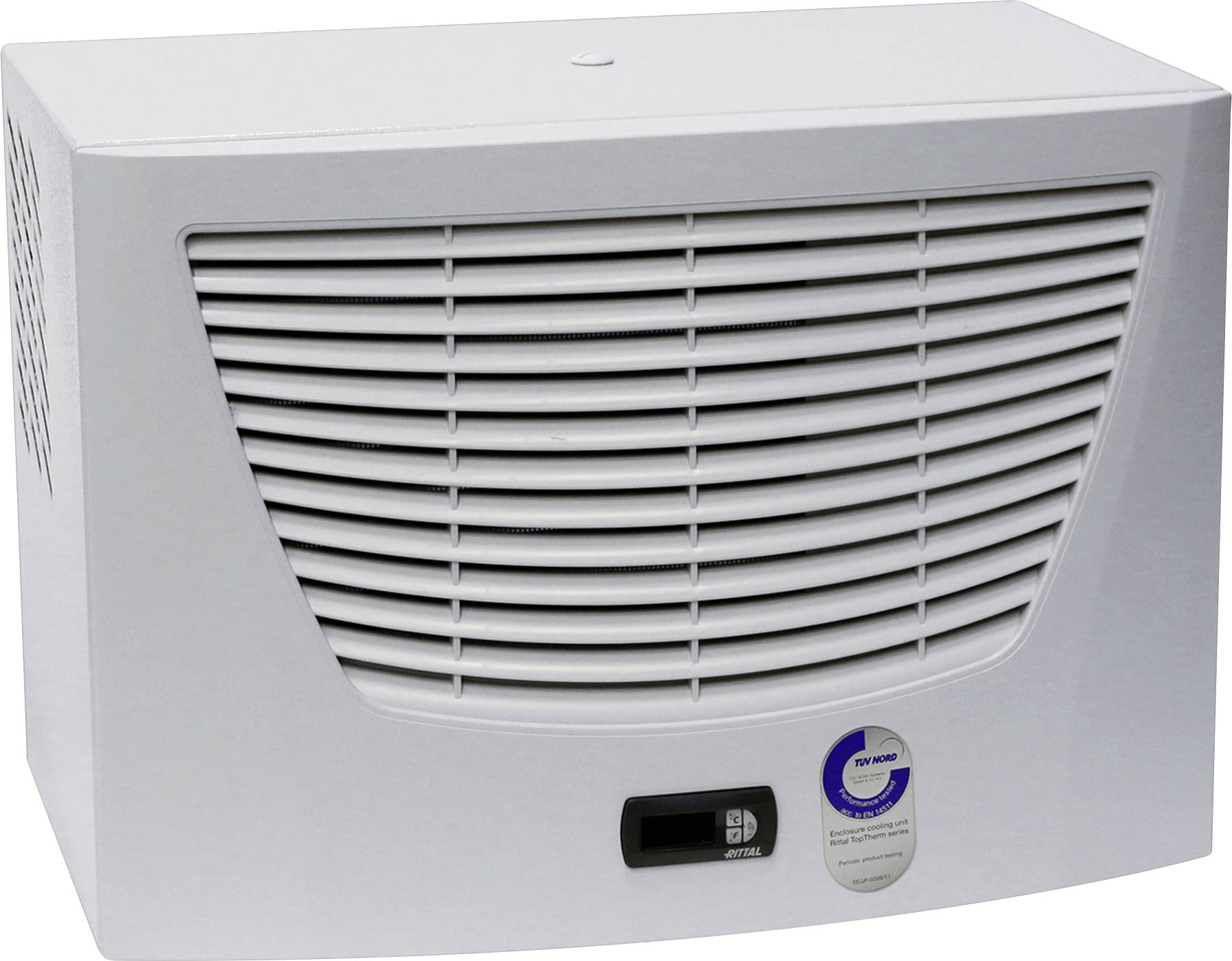 Un purificatore d'aria bianco con una griglia frontale e un display di controllo digitale in basso.