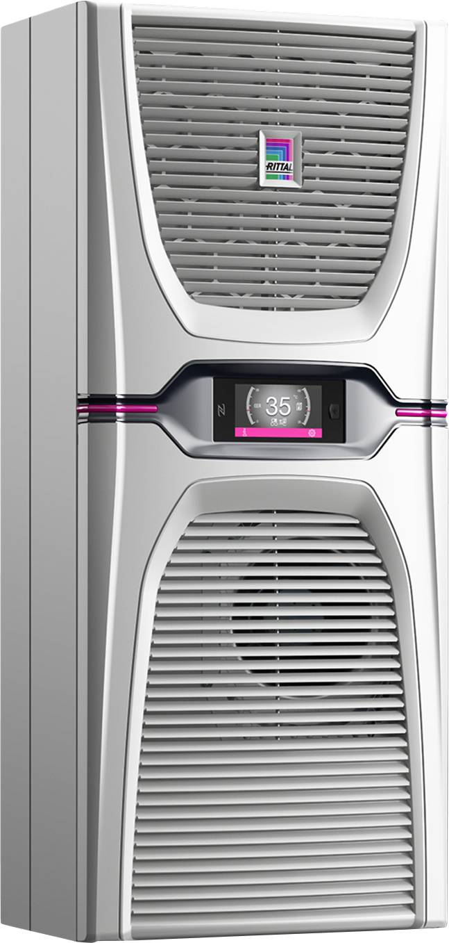 Condizionatore con display digitale che mostra 35 gradi. Disposto verticalmente, con involucro grigio e griglie di ventilazione in alto e in basso.