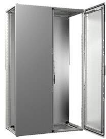 Armadio elettrico metallico aperto a due ante, mostra l'interno vuoto e la struttura robusta. Adatto per uso industriale.