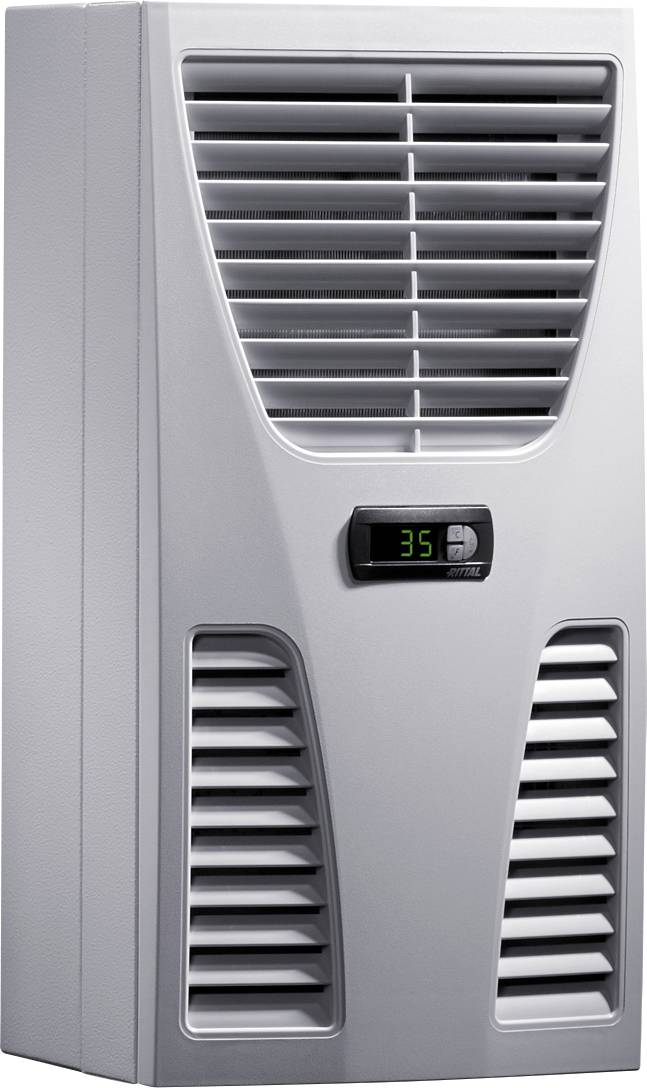 Un compressore climatico grigio con feritoie di ventilazione e display digitale della temperatura che mostra '35'.