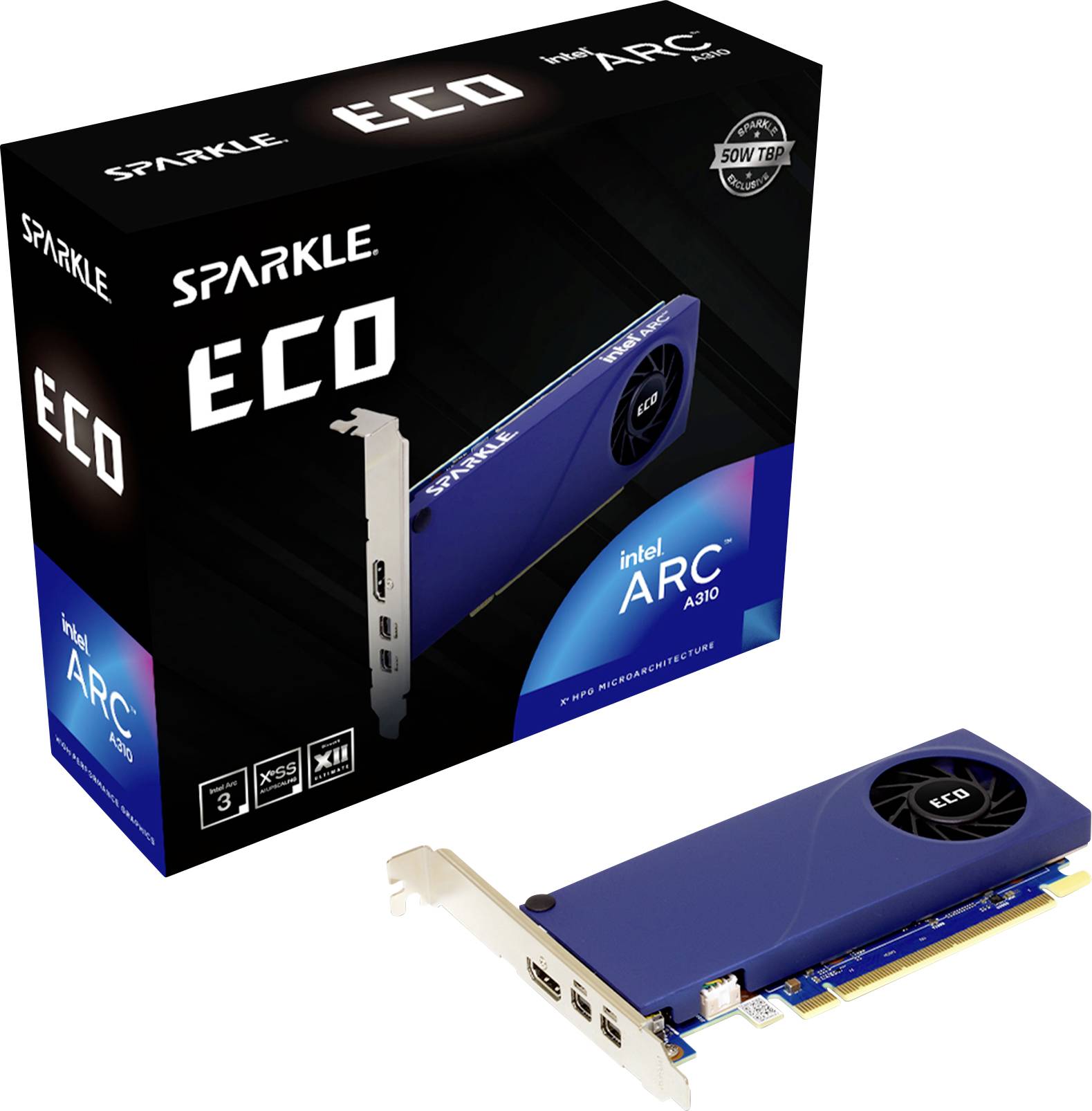 Scheda grafica 'Sparkle ECO Intel Arc A310', mostrata con la confezione. Il prodotto enfatizza il risparmio energetico e le prestazioni.