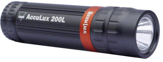 Torcia nera con anello rosso e scritta 'AccuLux 200L'. È compatta e adatta all'uso mobile.