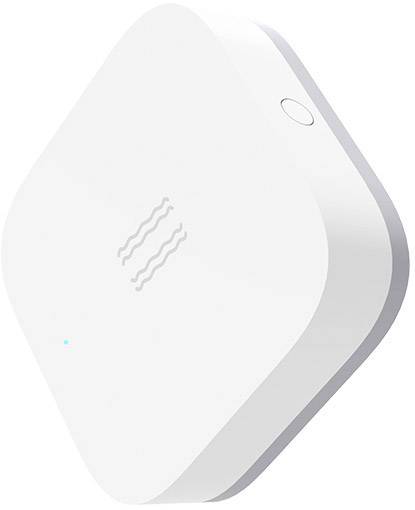 Sensore bianco, quadrato e intelligente con angoli arrotondati, con un piccolo pulsante su un lato. Utilizzato per il monitoraggio dei parametri ambientali.