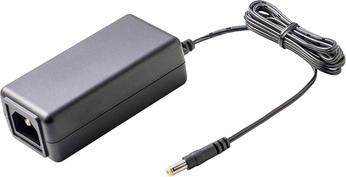 Alimentatore nero con cavo e connettore giallo. Adatto per dispositivi elettronici come laptop o monitor.