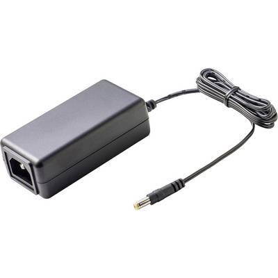 Alimentatore nero con cavo e connettore giallo. Adatto per dispositivi elettronici come laptop o monitor.