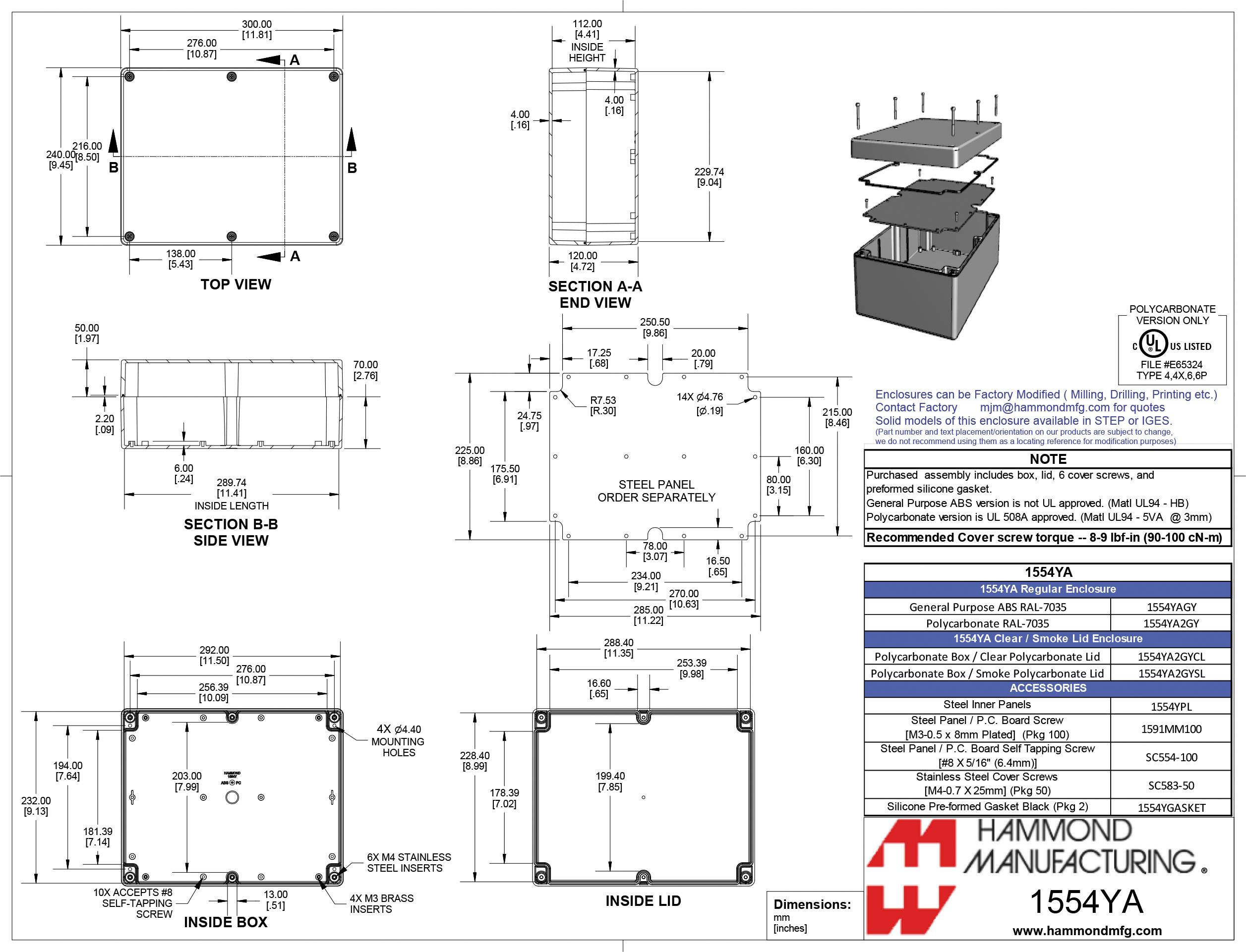 Disegno tecnico di un involucro rettangolare con viste diverse e dimensioni, comprensivo di piano di costruzione e informazioni del produttore.