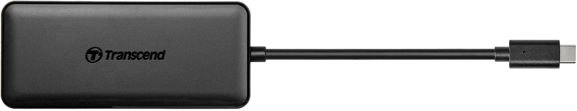 Custodia SSD esterna nera, rettangolare, con connettore USB-C, con il nome del marchio 'Transcend' visibile sulla parte superiore.
