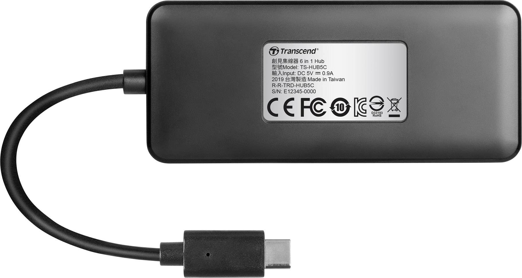 Hub USB-C esterno in nero con molteplici porte, idoneo per trasferimento dati e funzioni di ricarica.