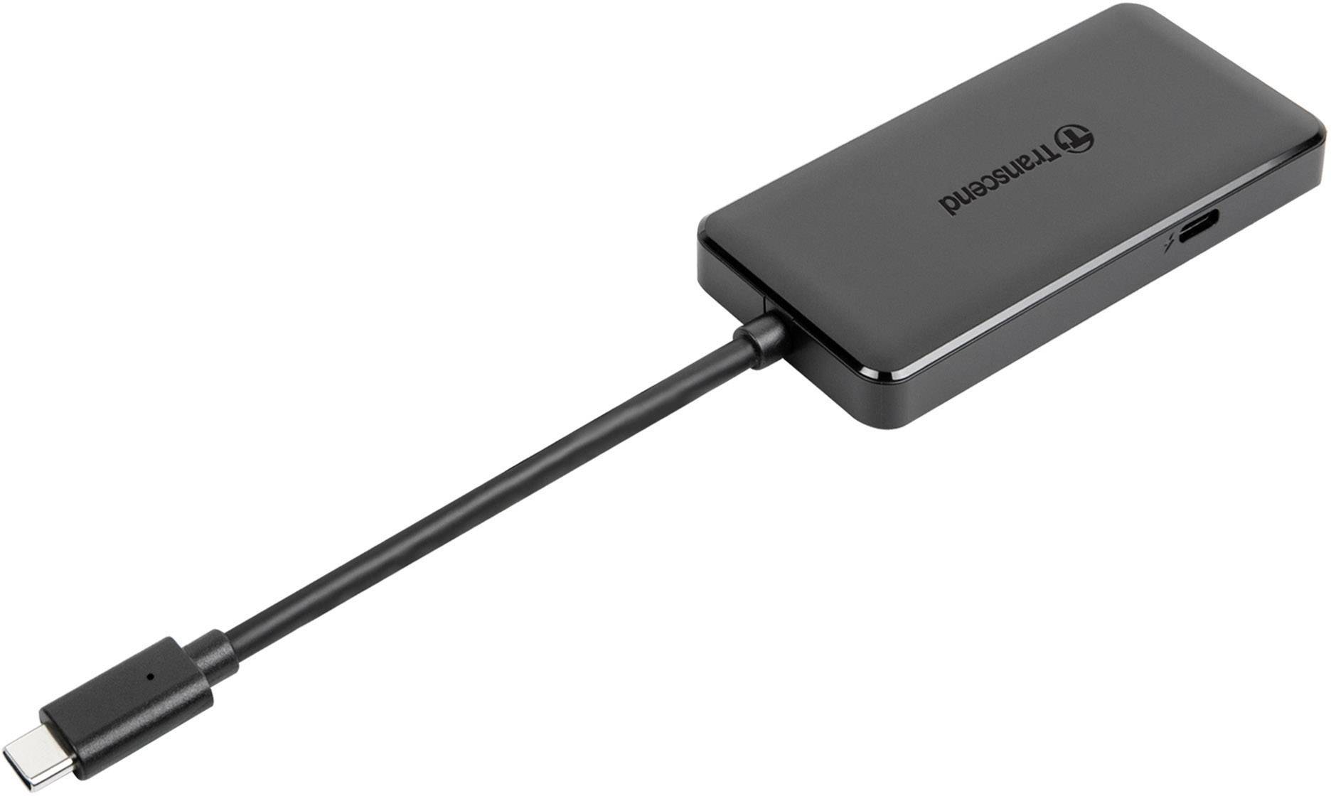 Hub USB-C con cinque porte di Transcend, composto da tre porte USB, una porta HDMI e un ingresso Ethernet.