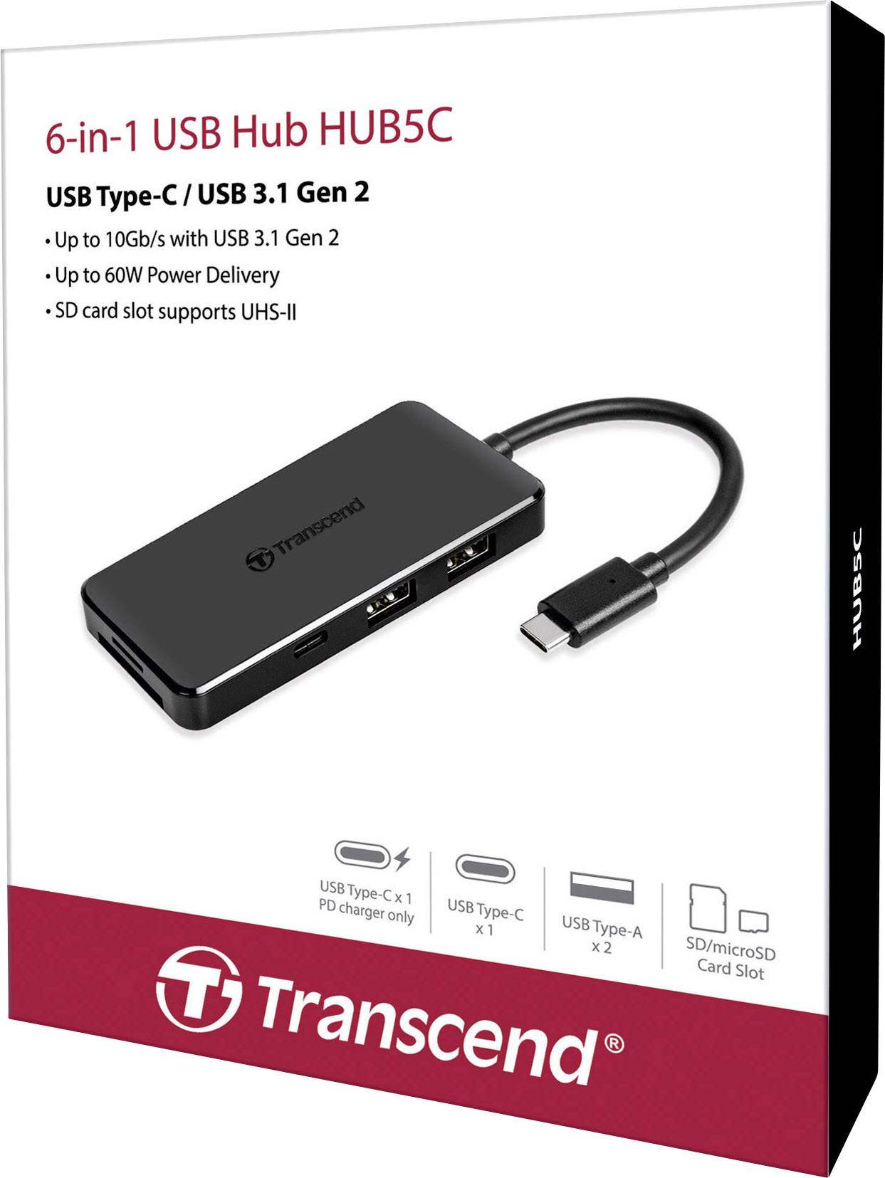 Confezione di 'Transcend 6-in-1 USB Hub HUB5C'. Mostra hub USB con connettore USB-C, multiple porte USB-A, HDMI, slot per schede SD/microSD. Supporta USB 3.1 Gen 2 e UHS-II.
