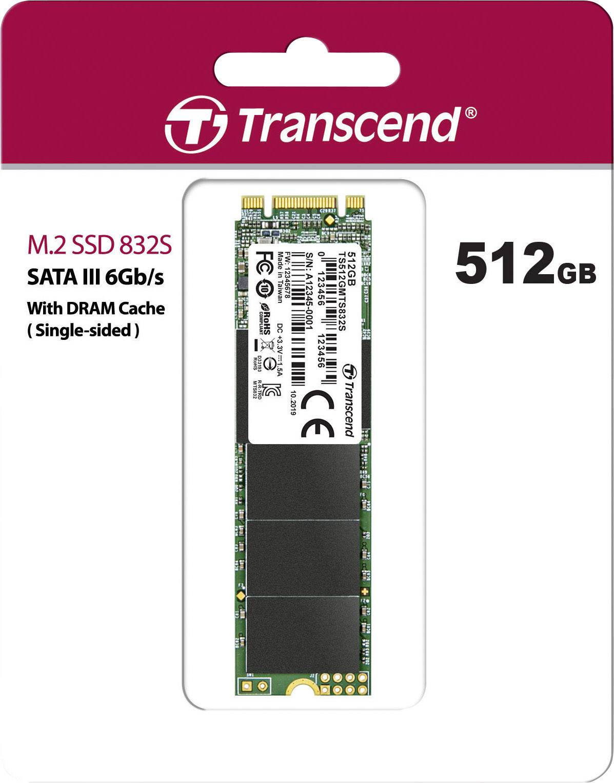 Transcend M.2 SSD 832S, 512GB di capacità, SATA III 6Gb/s, con cache DRAM, a singolo lato. Confezione che mostra l'immagine del modulo SSD.