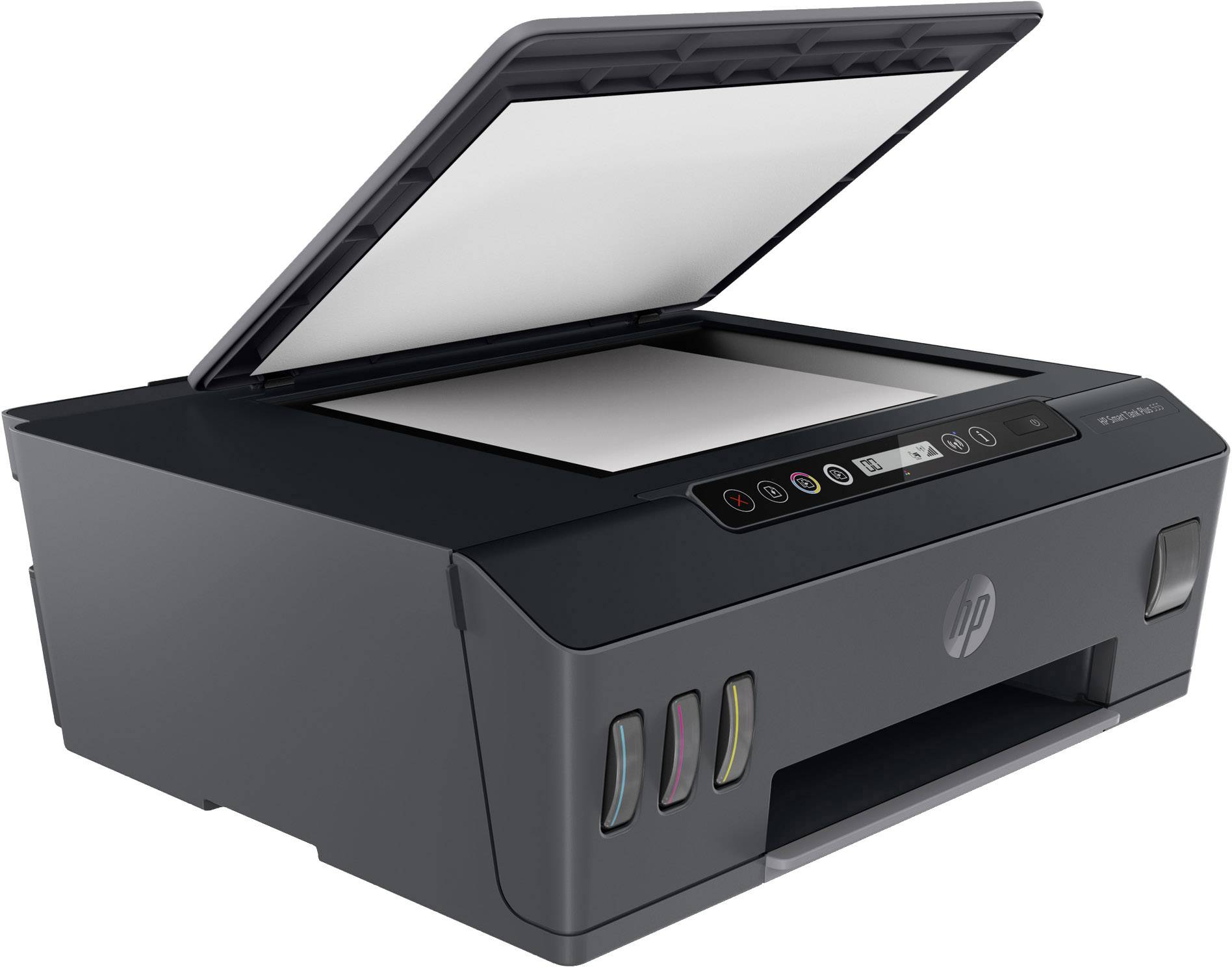 Una stampante multifunzione con il coperchio dello scanner aperto, pronta per la scansione. Sul lato anteriore sono visibili gli indicatori del livello di inchiostro.