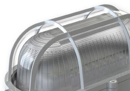 Lampada LED industriale con griglia di protezione metallica, adatta per ambienti difficili.