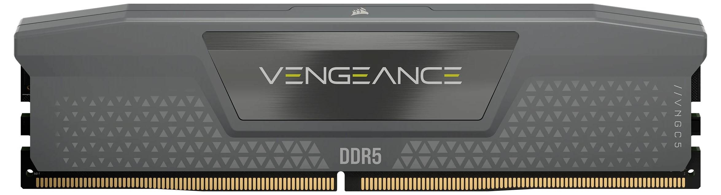 Un modulo di RAM Corsair Vengeance DDR5 grigio con accento giallo.