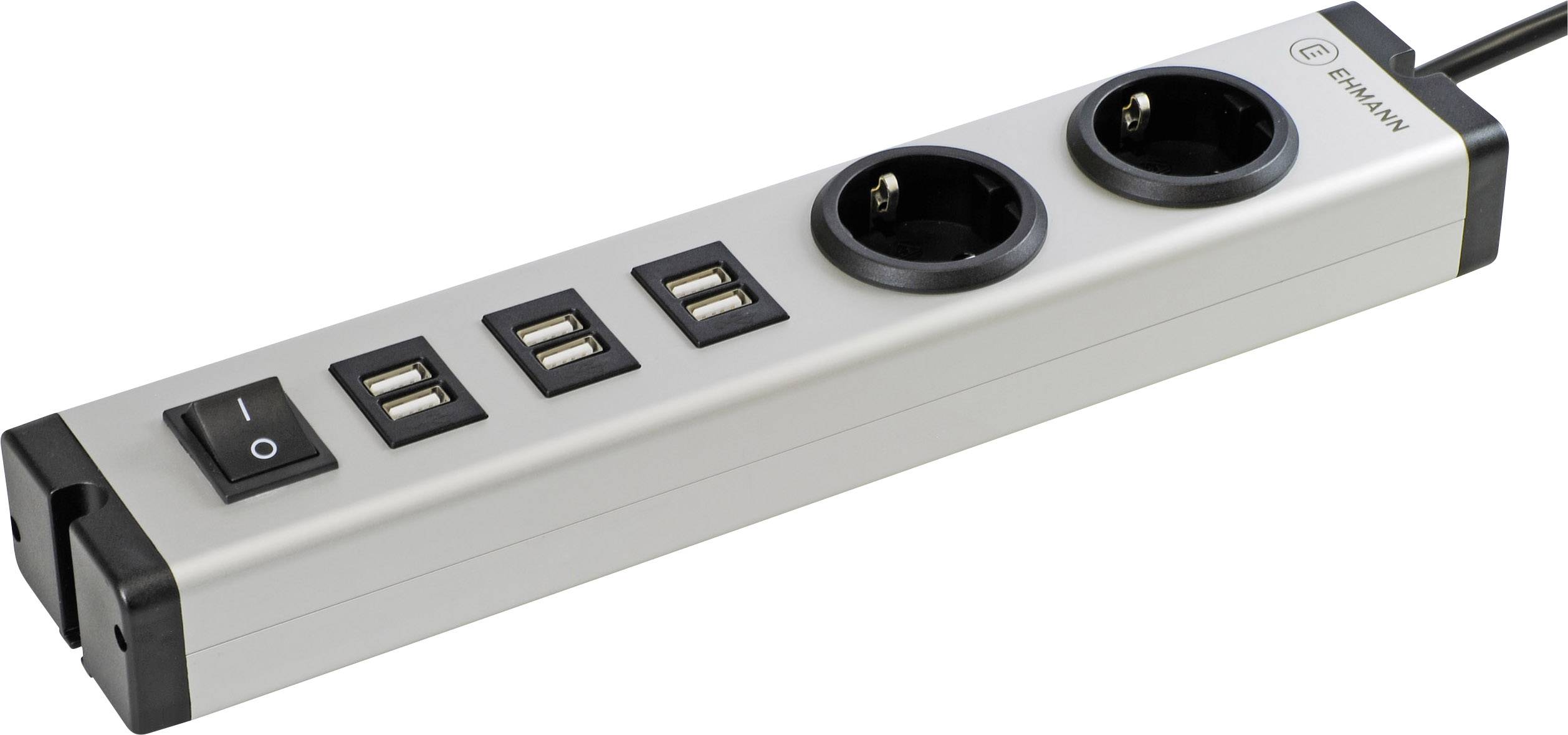 'Elegante presa multipla con due prese elettriche, quattro porte USB e un interruttore di accensione/spegnimento, ideale per applicazioni da ufficio.'