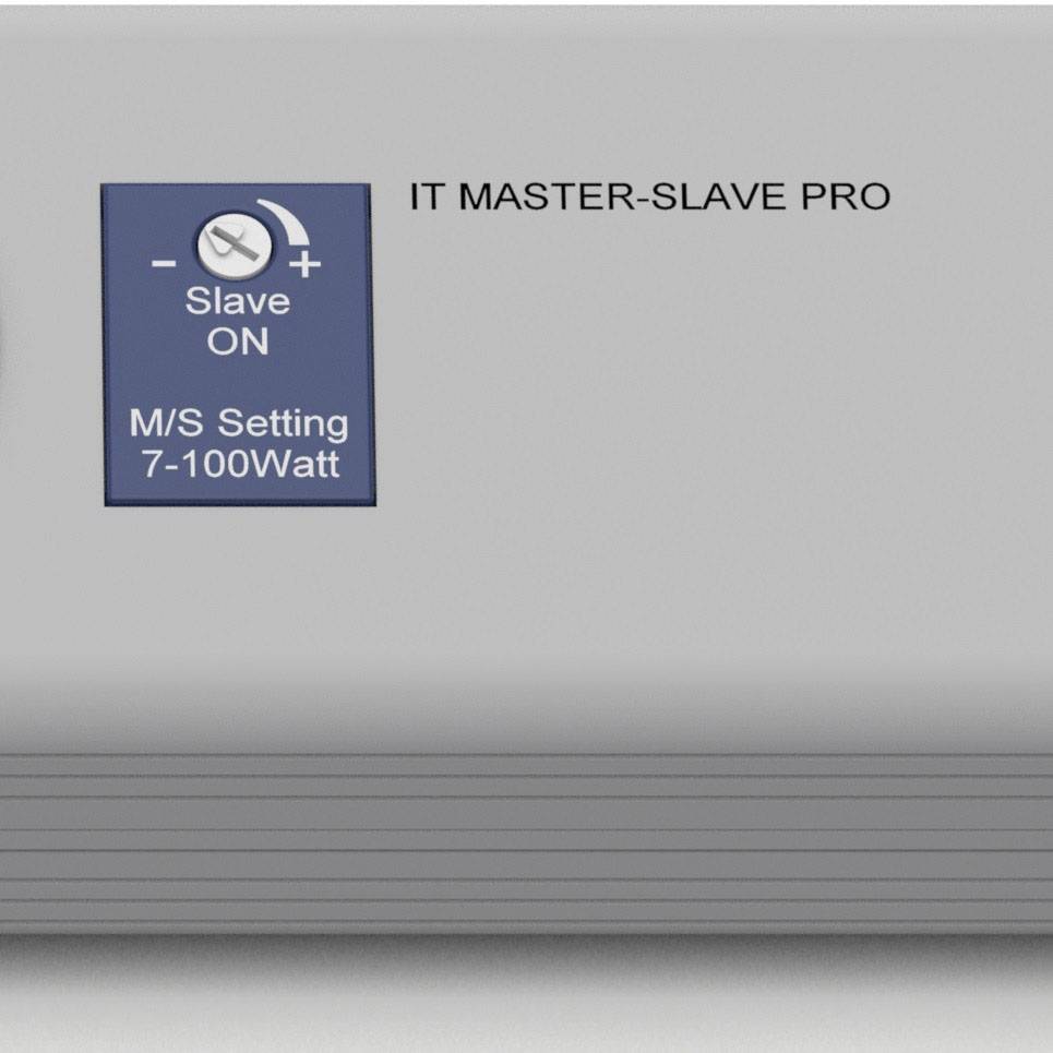 Un dispositivo grigio con un selettore rotante. Etichettato con 'IT MASTER-SLAVE PRO' e 'M/S SETTING 7-100 Watt'. Funzione non specificata.