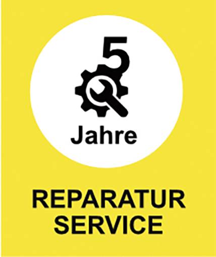 Cartello giallo con cerchio bianco: '5 anni' sopra un ingranaggio e una chiave inglese, sotto 'SERVIZIO DI RIPARAZIONE'.