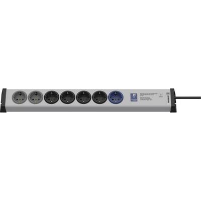 Multipresa a sei prese con cavo da 3 m in nero e bianco, con una presa blu.