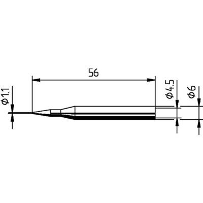 Disegno tecnico di un componente cilindrico. Lunghezza totale 56 mm, diametro 1,1 mm anteriormente, 4,5 mm al centro, 6 mm posteriormente.