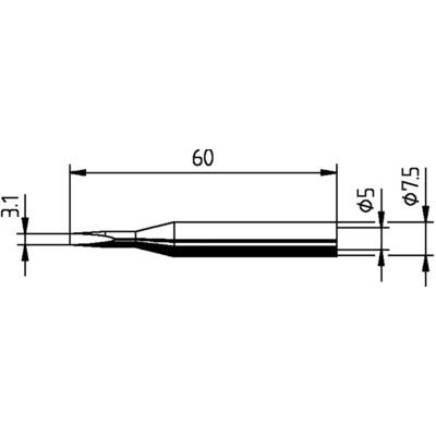 Disegno tecnico di un componente allungato. Lunghezza totale 60 mm, diametro 3,1 mm e diametro finale 7,5 mm.