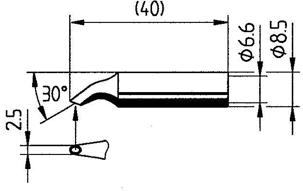 Disegno tecnico di un utensile con dimensioni: lunghezza 40 mm, angolo 30 gradi, diametro 6,6 mm e 8,5 mm, altezza 25 mm.