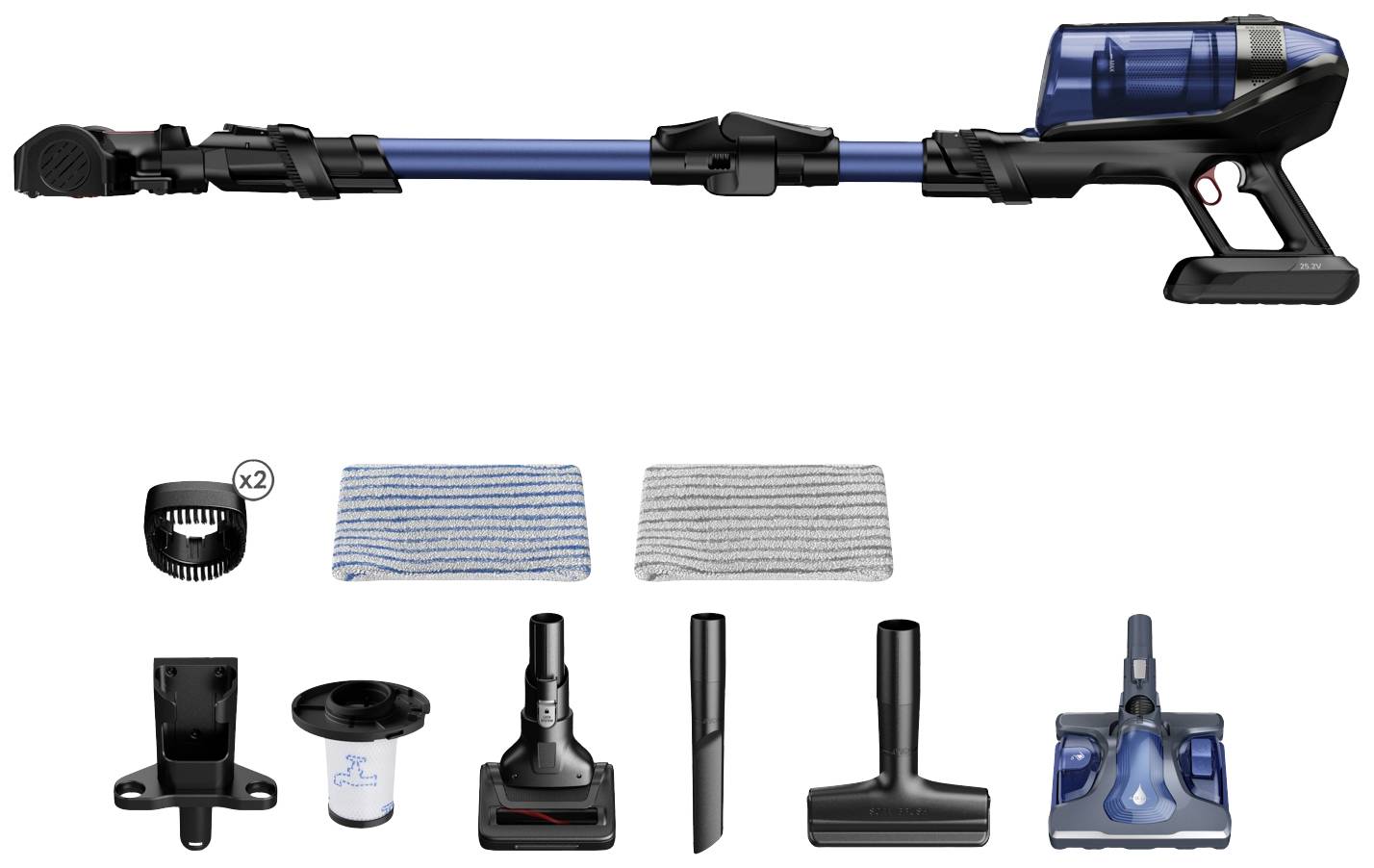 Aspirapolvere senza fili in blu con diversi accessori e componenti. Include bocchetta per pavimenti, spazzole e filtri. Adatto per pulizie versatili.