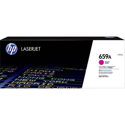 Confezione del 'Toner Magenta HP LaserJet 659A', che mostra destinazioni come Londra e Miami su un piano di partenza o arrivo.