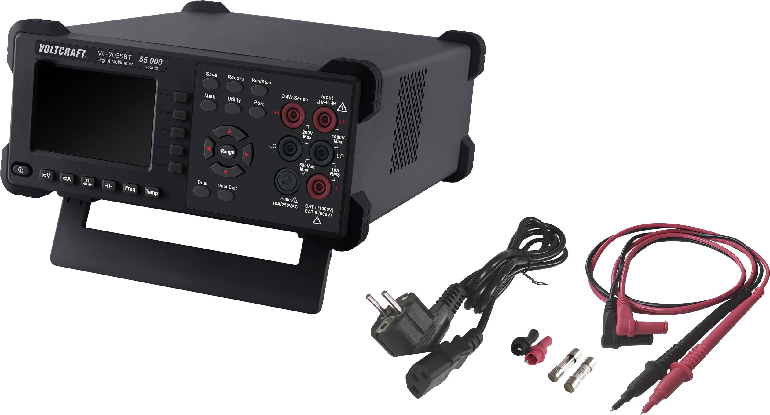 Multimetro digitale da tavolo elettronico con display digitale, involucro nero e accessori come cavi e puntali per misurazioni.