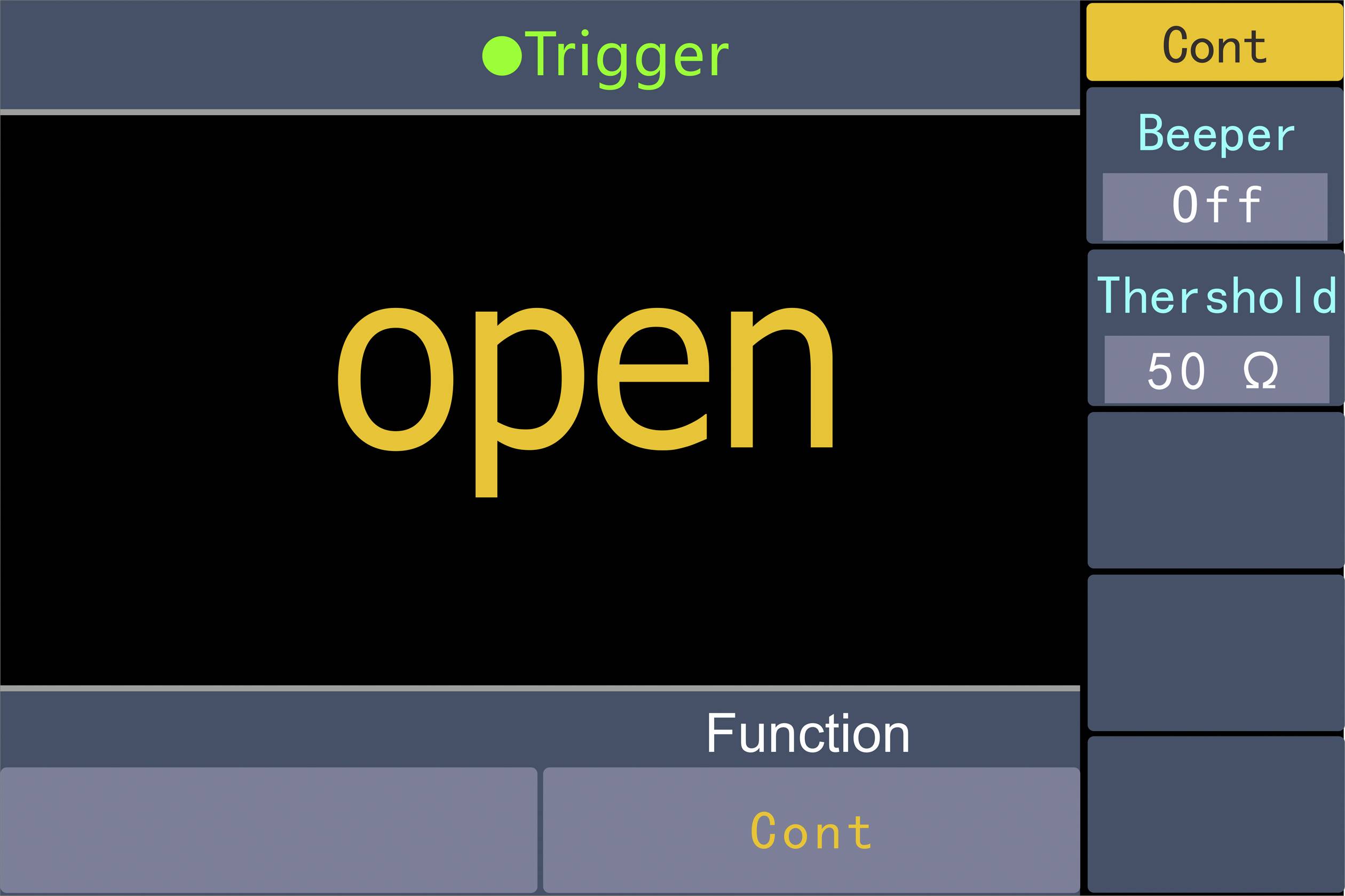 'open' in caratteri gialli visualizzato su uno schermo, con le opzioni 'Trigger', 'Beeper Off', 'Threshold 50 Ω' e 'Function Cont'.