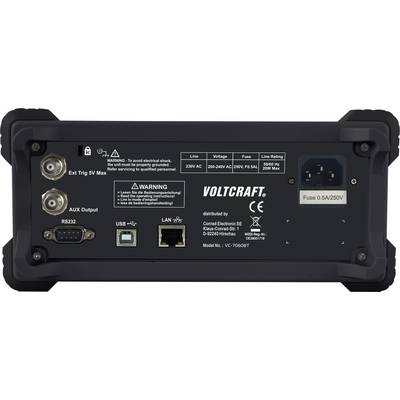 'Dispositivo Voltcraft con connessione di rete, RS232, USB, LAN. Avvertenze: Rispettare la tensione massima, fusibile presente.'