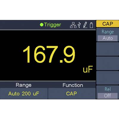 Display dello strumento di misura mostra capacità: 167,9 µF in modalità Auto. In alto a sinistra: 'Trigger', a destra: 'CAP', sotto ulteriori opzioni.