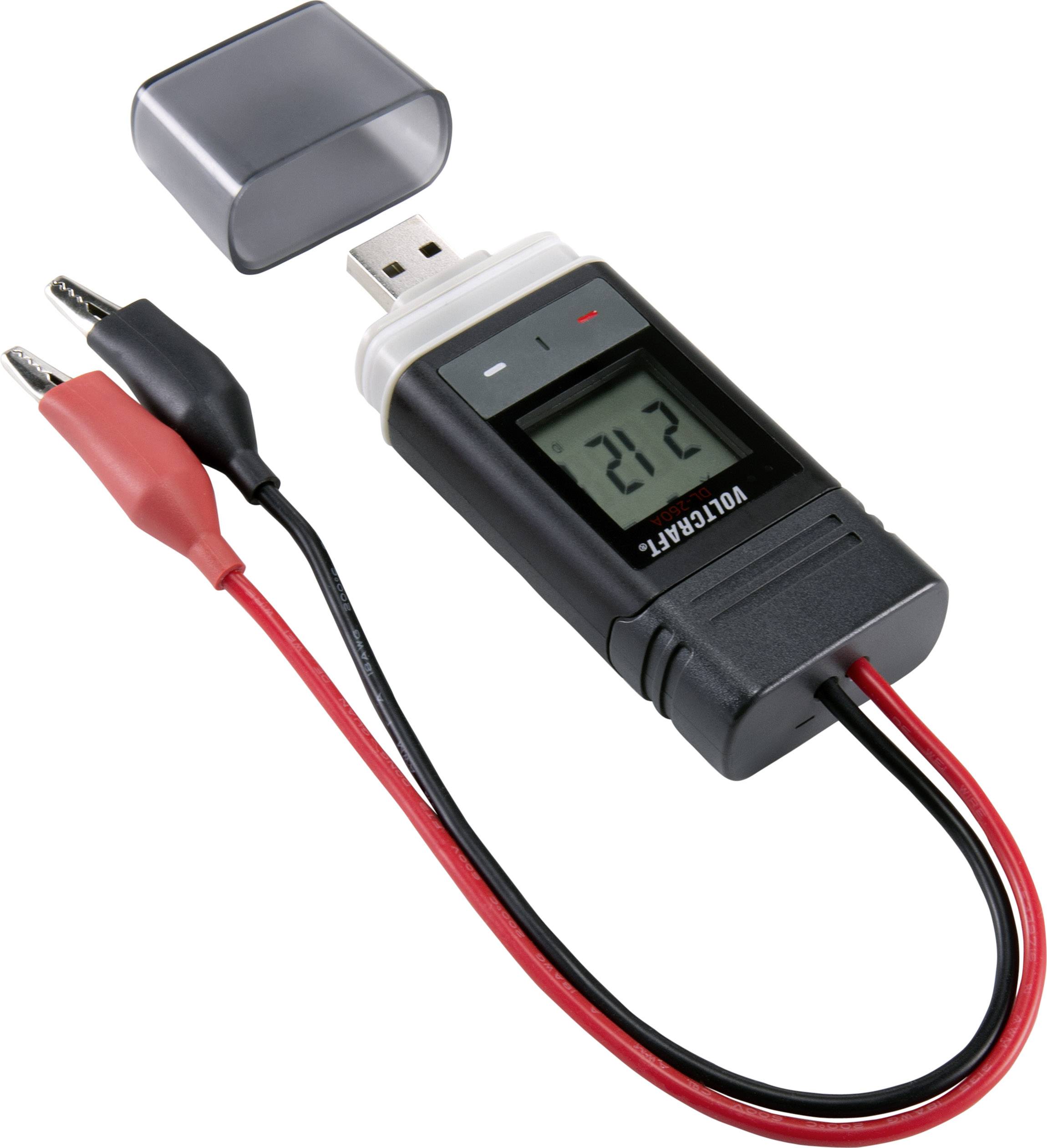 Datalogger con spina USB e display LCD che mostra '21.2'. Due cavi sono collegati. Adatto per il monitoraggio della temperatura.