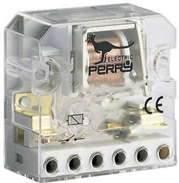 Un involucro di relè trasparente con bobina in rame, marchio 'Perry Electric'. Cinque morsetti di connessione e marchio CE visibili.