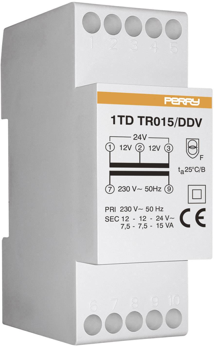 Un trasformatore elettrico grigio della Perry, modello 1TD TR015/DDV, con dettagli delle tensioni primarie e secondarie e morsetti di collegamento.