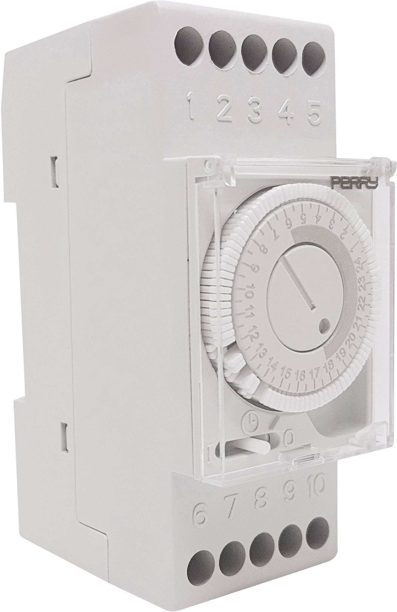 Un interruttore elettrico bianco con manopola rotante e numerazione da 1 a 12. Utilizzato per controlli temporizzati.