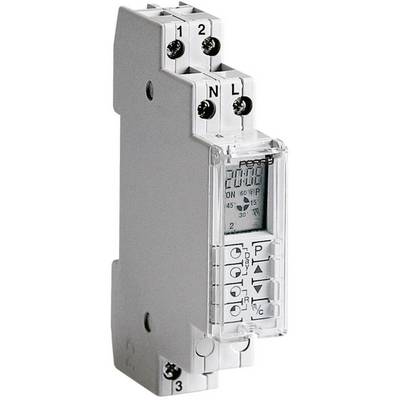 Timer elettronico con spia di controllo e tasti di regolazione per l'impostazione del tempo. Connettori in alto per fase (L) e neutro (N).