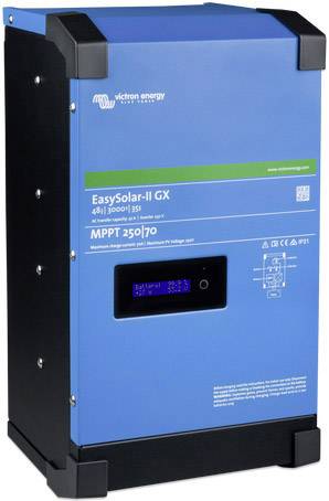 Un regolatore di carica solare blu con la scritta 'EasySolar-II GX'. Numero di modello 'MPPT 250/70', con display e connessioni.