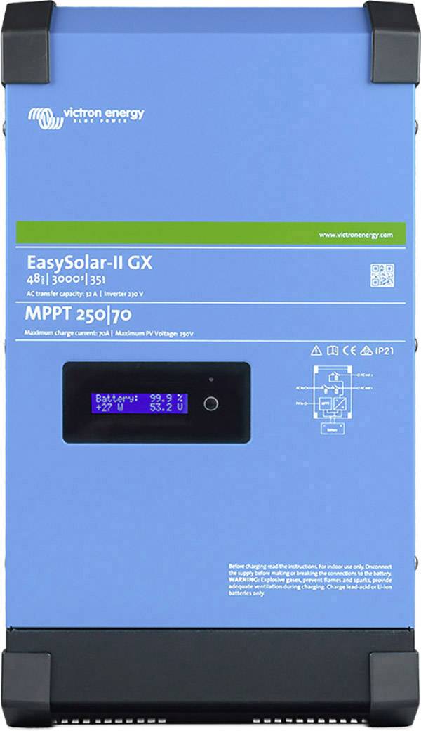 Un dispositivo blu EasySolar-II GX di Victron Energy che combina regolatore di carica solare, inverter e distributore in un unico sistema.